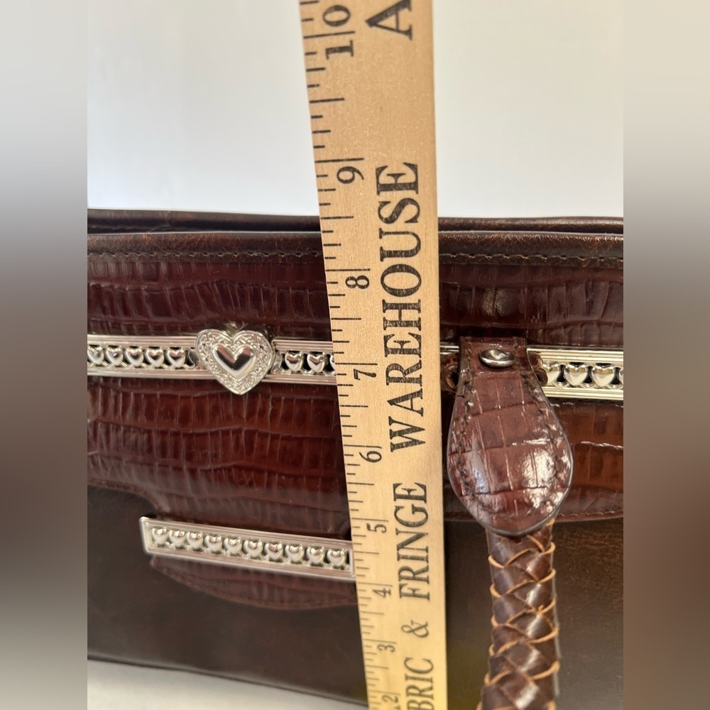 VINTAGE BROWN LEATHER HANDBAG W/SILVER ACCENTS. CROC TEXTURE BRAIDED HANDLES - Picture 8 of 10
